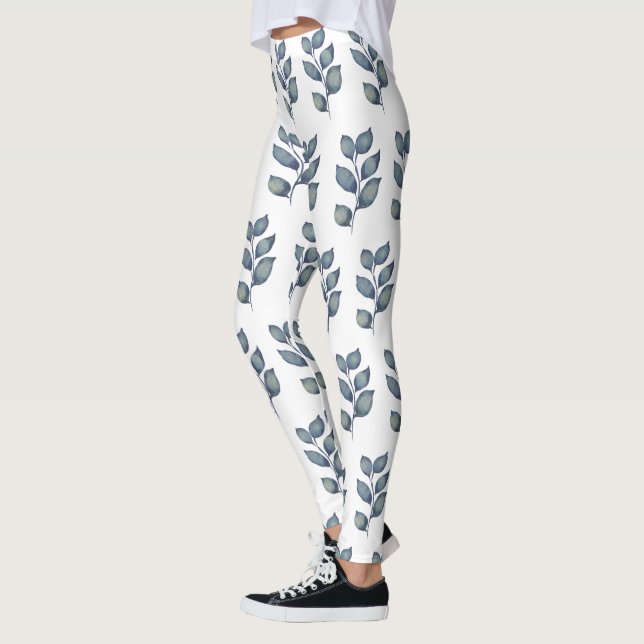 Modernt Blått & Vitt Akvarellbladverk  Leggings (Vänster)
