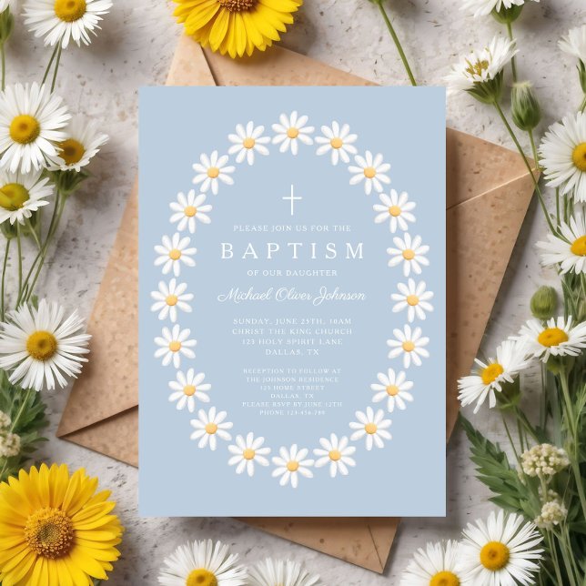 Modernt blommigt blå marguerit-dop för flicka inbjudningar (Modern Blue Floral Daisies Girl Baptism Invitation
)