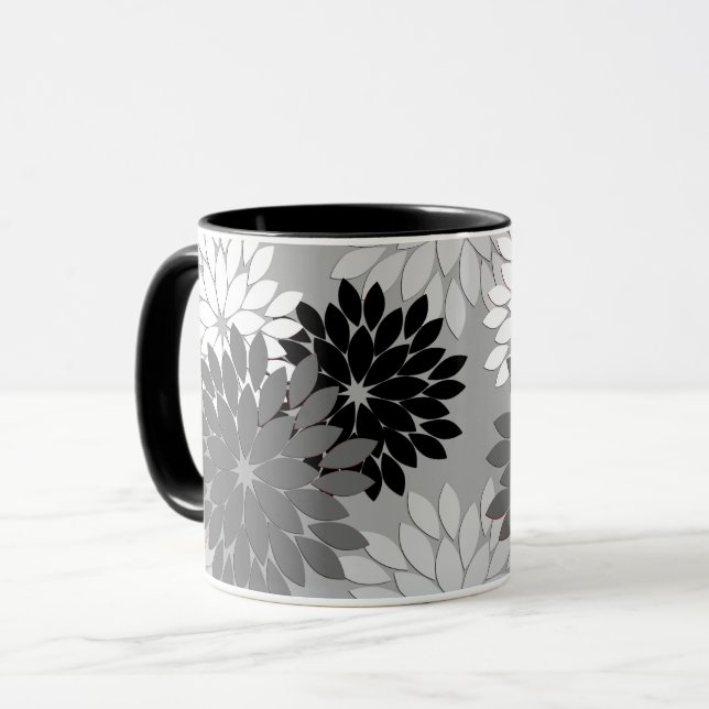Modernt blommigt kimonotryck, grått, svart och vit mugg (Framsida vänster)