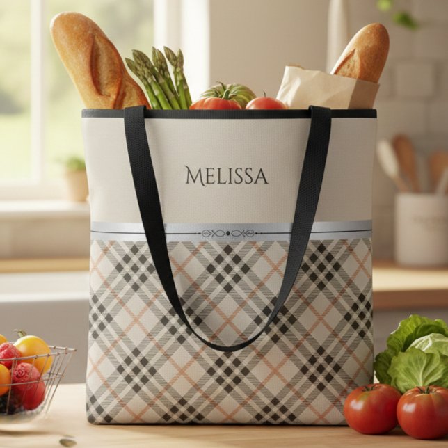 Modernt Bondgård Beige Karomönster Tygkasse (Ditch the plastic for this high-end personalized tote. The perfect gift for her!)