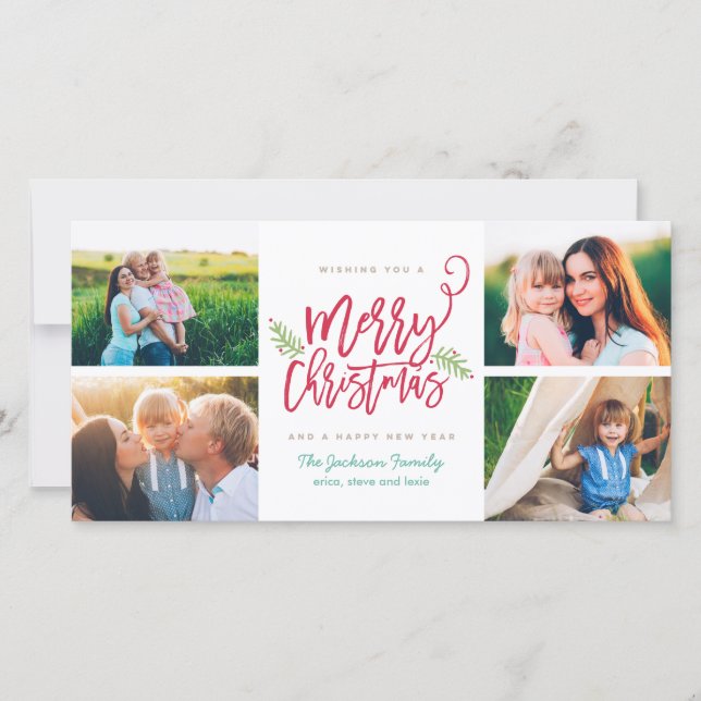 Modernt borsta skrivar julhelgdag 4-Photo Julkort (Framsida)