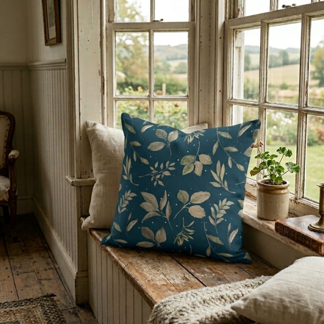 Modernt Botaniskt Bladmönster Mörk Oceanblå Kudde (Skapare uppladdad)