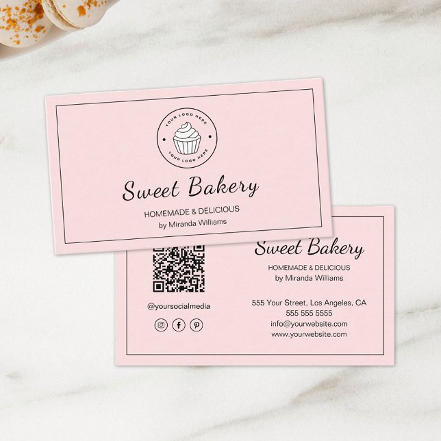 Modernt Bröd Logotyp QR Sociala Media Ikoner Rosa Visitkort (Modern Bakery Logo QR Social Media Icons Pink Business Card)