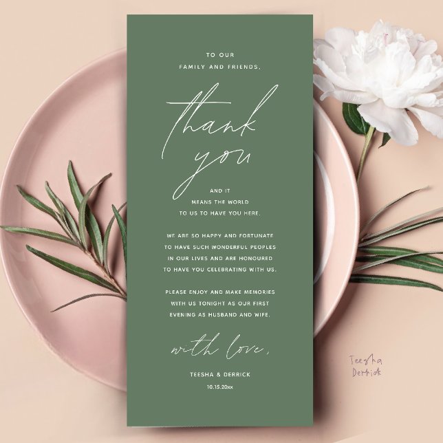 Modernt Bröllops Middag Bord Inställning Tacksamhe Program (Modern Wedding Dinner Place Setting Thank You Card Reception Brunch Lunch in sage green)