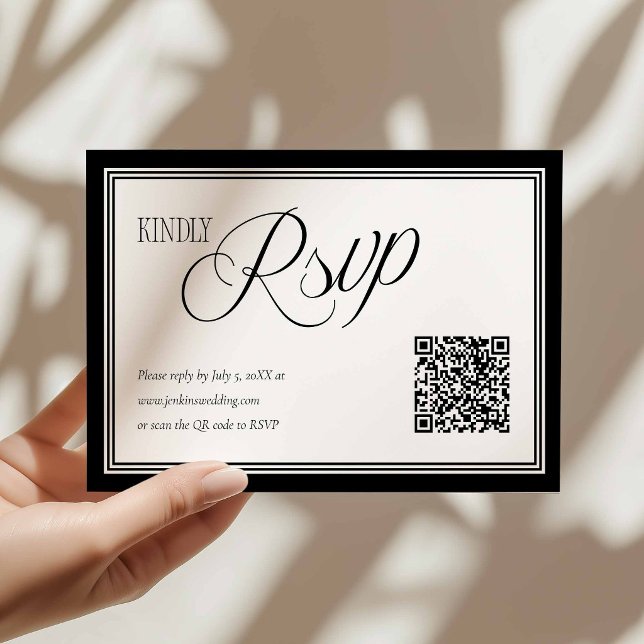 Modernt bröllops-RSVP med QR-kod kort (Modern Black and White Rsvp Card with QR Code)