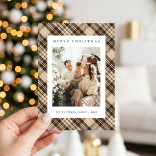 Modernt Brun Karo Familjefoto Jul Julkort