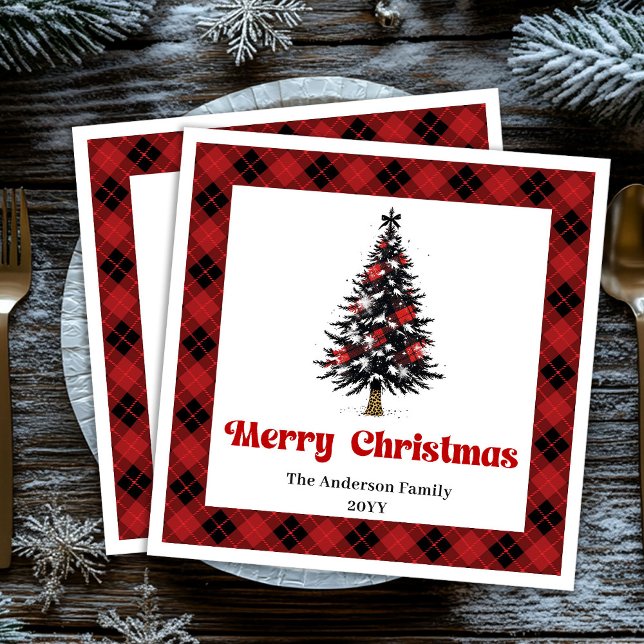 Modernt Buffalo-rutigt julduksträd Pappersservett (Modern Buffalo Plaid Tree Christmas Napkin)
