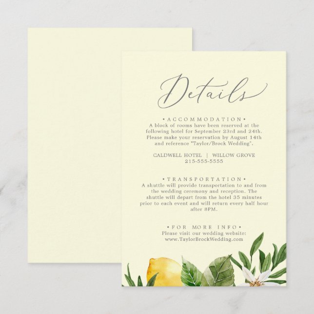 Modernt citronträdgård gul detaljer Följesedel Tilläggskort (Fram/baksida)