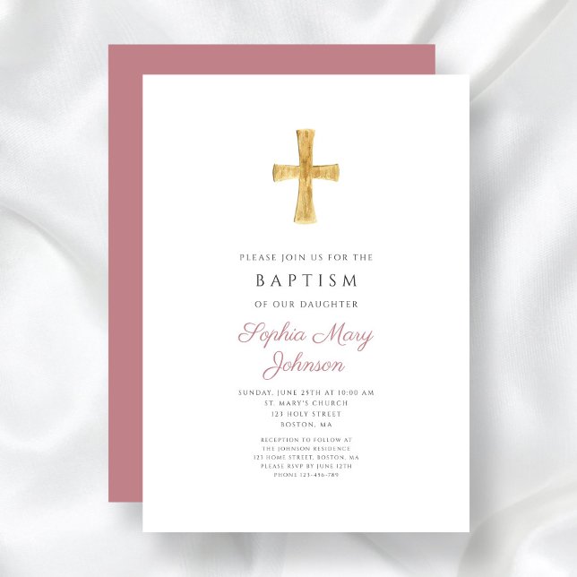 Modernt dammig rosa kors religiöst dop för flickor inbjudningar (Modern Dusty Pink Cross Religious Girl Baptism Invitation)