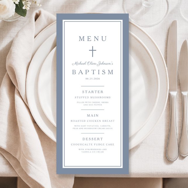 Modernt dammigt blå kors pojke dop meny (Modern Dusty Blue Cross Boy Baptism Menu)