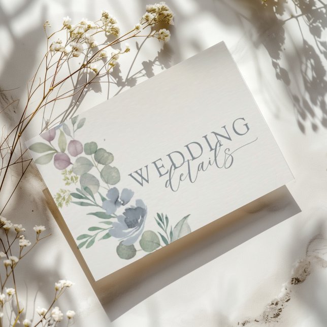 Modernt dammigt blått blomsterdetaljerat bröllop  tilläggskort (Skapare uppladdad)