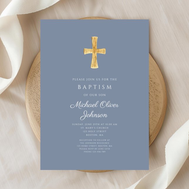 Modernt dammigt blått kors pojke dop inbjudan (Modern Dusty Blue Cross Boy Baptism Invitation)