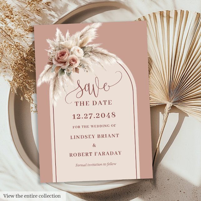 Modernt dammigt rosa pampasgräs Spara datum-kort Inbjudningar (Modern Dusty Pink Pampas Grass Save the Date Card)