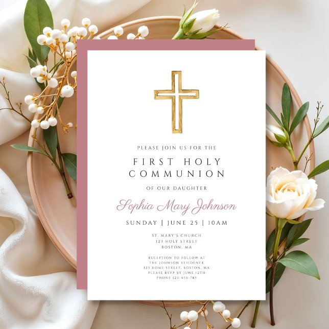 Modernt dammigt rosa religiöst flicka första kommu inbjudningar (Modern Dusty Pink Religious Girl First Communion Invitation)