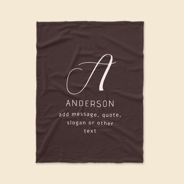 Modernt Elegant Namn & Monogram | Mörkbrun Fleecefilt (Skapare uppladdad)