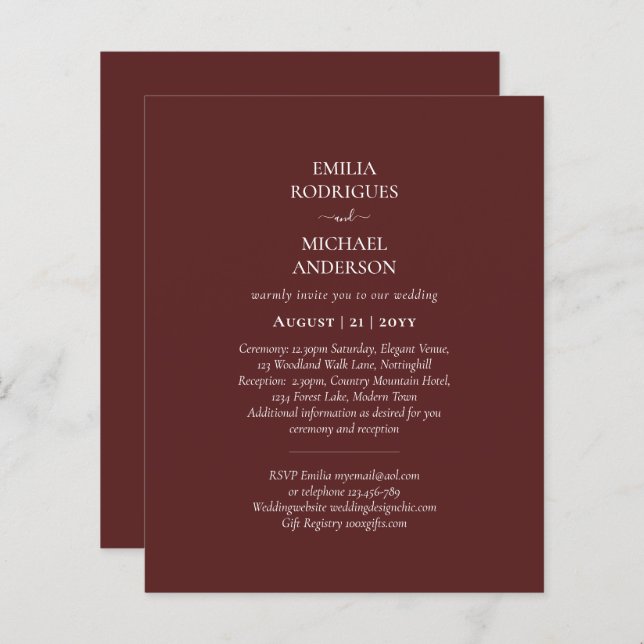 Modernt enfärgat allt-i-ett budgetbröllop (Fram/baksida)