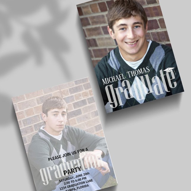 Modernt examensfestfoto Firande Inbjudningar (Modern graduation party photo card with bold typography and portrait focus. )