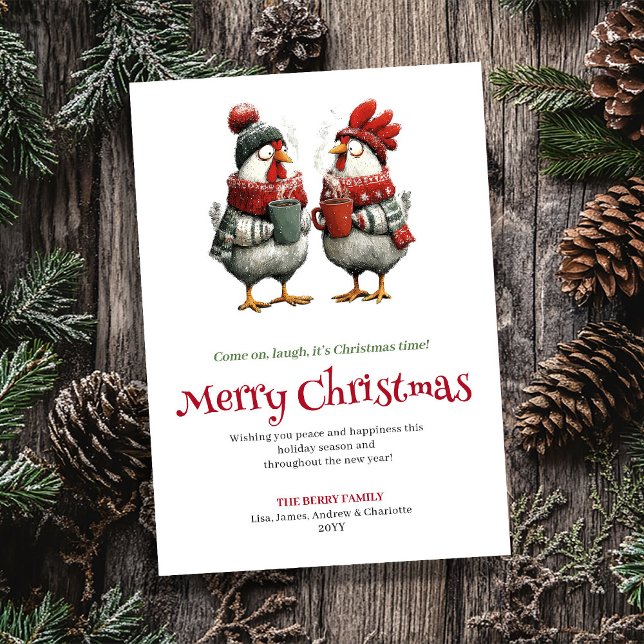 Modernt fantasifull julhälsningskort med kycklinga julkort (Modern whimsical chickens Christmas greeting card

)