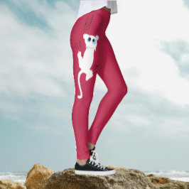 Modernt fantasifullt roligt rött vitt kattmamma te leggings