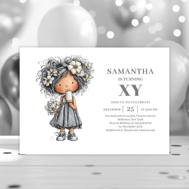 Modernt fantastisk flicka födelsedagsinbjudan i gu inbjudningar (Modern Whimsical Girl Birthday Gold Black invitation)
