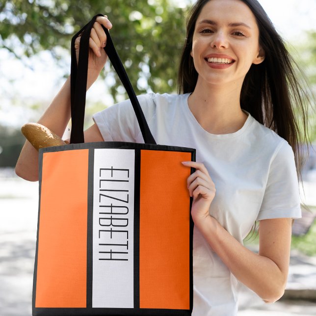 Modernt färgblock med personlig monogram i orange tygkasse (Modern Color Block Personalized Monogram Orange Tote Bag)
