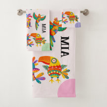 Modernt färgglatt fågelmonogram i rosa, grönt och