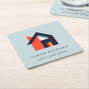 Modernt Färgglatt Hus Logo Fastighetsmäklare Blå R Underlägg Papper Kvadrat