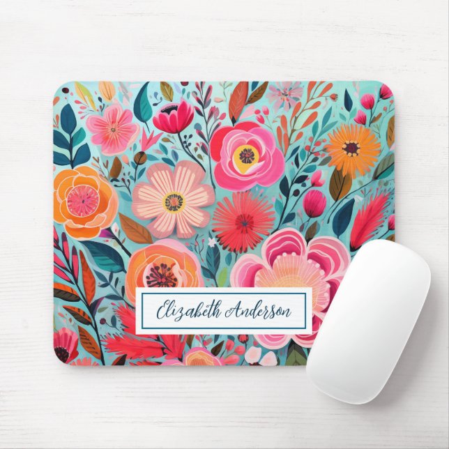Modernt Färgrikt Rosa Blommor Monogram Musmatta (Med mus)