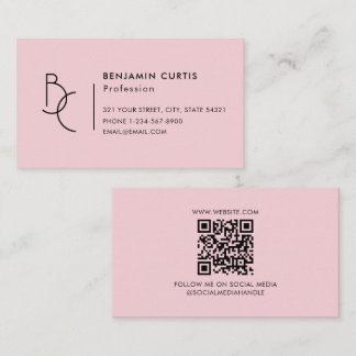 Modernt flickaktigt rosa monogram minimalistisk QR Visitkort