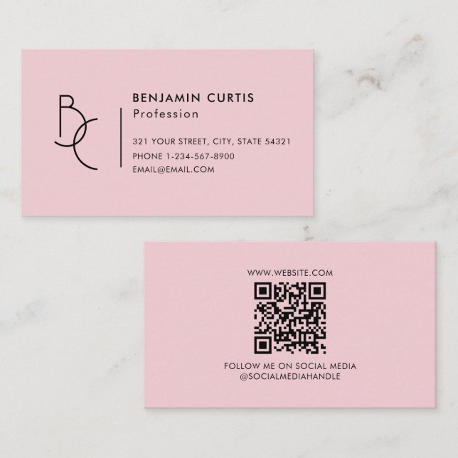 Modernt flickaktigt rosa monogram minimalistisk QR Visitkort (Fram/baksida)