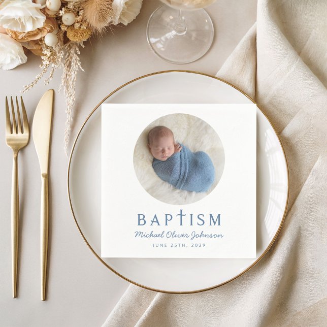 Modernt foto blå kors pojke dop pappersservett (Modern Photo Blue Cross Boy Baptism Napkins)