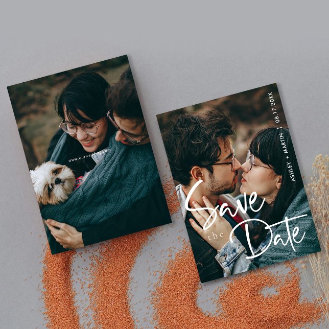 Modernt Foto Spara Datum-Kort  Minimalistisk Skrif Datumet (Two Photos, One Love_ Modern Chic Wedding Save The Date Custom)