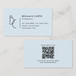 Modernt Fräscht Blått Monogram Minimalistisk QR-ko Visitkort