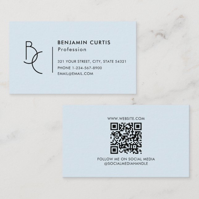 Modernt Fräscht Blått Monogram Minimalistisk QR-ko Visitkort (Fram/baksida)