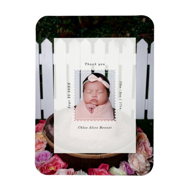 Modernt frimärke foto födelse baby tack magnet (Vertikal)