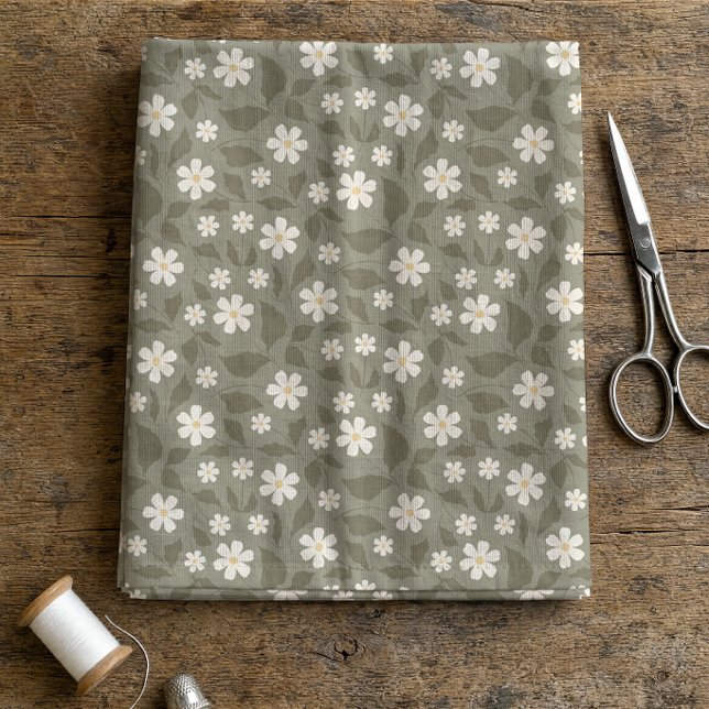 Modernt gårdshus Daisy Dämpad Oliv och Jordtoner Tyg (Modern Farmhouse Sweet Daisy muted green fabric by Erica MacDonald.)