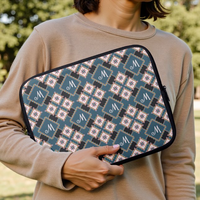 Modernt geometriskt blomster monogram blommönster laptop fodral (Skapare uppladdad)