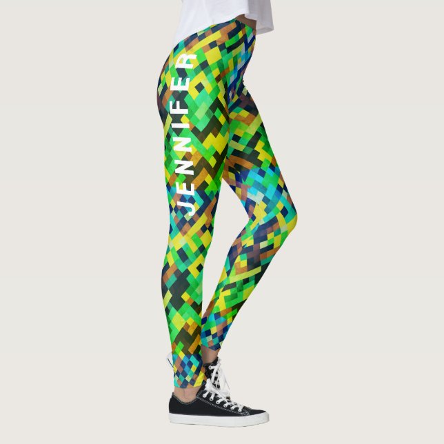 Modernt geometriskt grönt pixelkonst-spelmönster leggings (Höger)