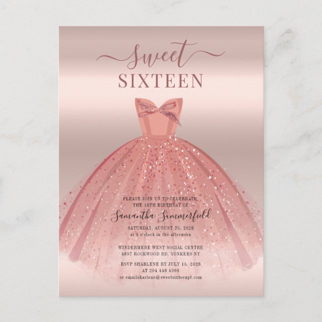 Modernt Glitter Ro Guld Sweet 16 Birthday Inbjudan Vykort (Framsida)
