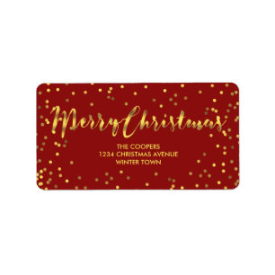 Modernt god julguld omkullkastar röda konfettiar adressetikett