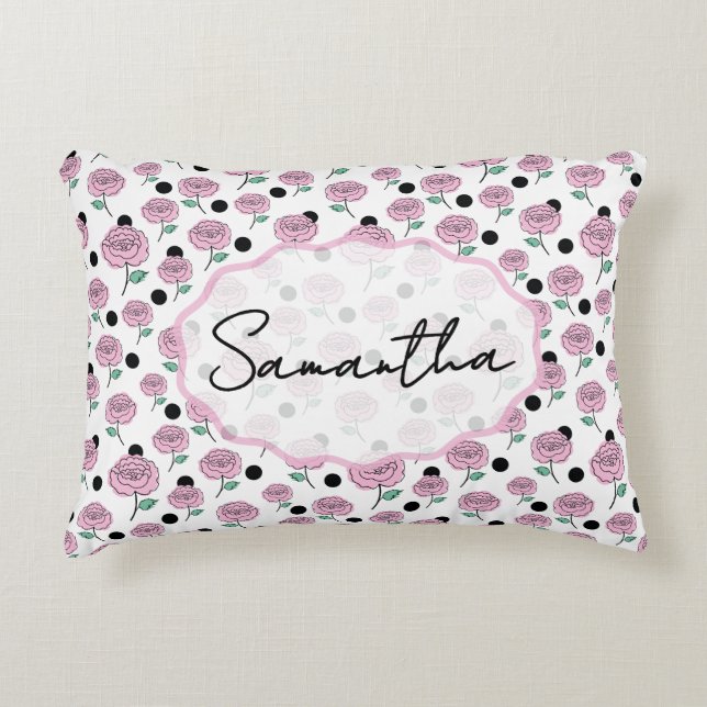 Modernt grafiskt mönster med rosa ros och svarta p prydnadskudde (Framsidan)