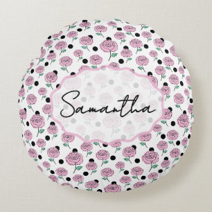 Modernt grafiskt mönster med rosa ros och svarta p rund kudde