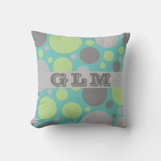 Modernt grått och grönt bubbelmonogram kudde (Framsida)