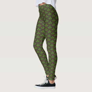 Modernt grönt lagerbladsmönster på brunt leggings