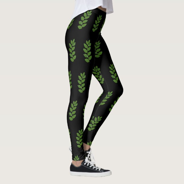 Modernt grönt lagerbladsmönster på svart leggings (Höger)