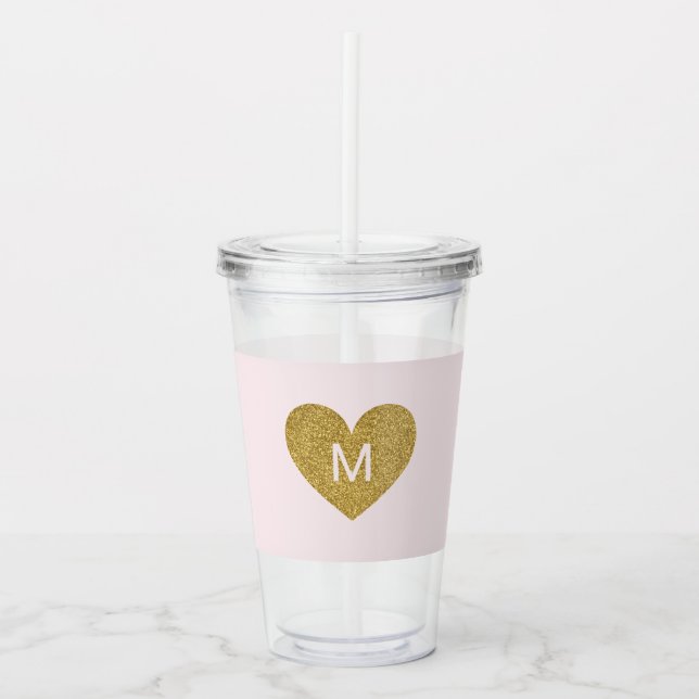 Modernt Guld Hjärtan Personlig Monogram Rosa Take Away Mugg (Framsida)