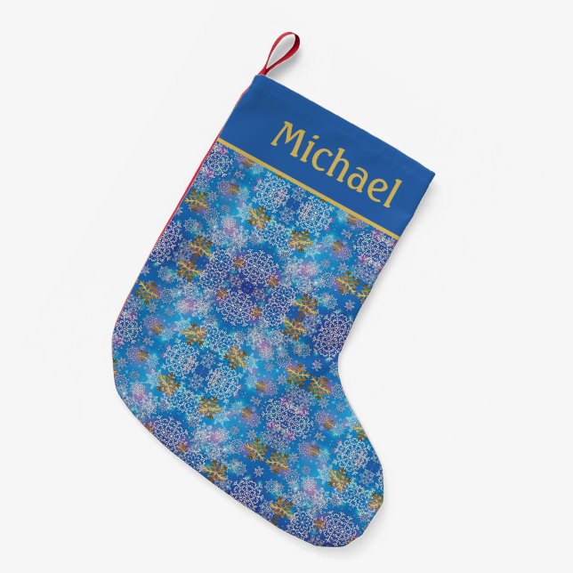 Modernt guld snöflingemönster liten julstrumpa (Framsidan (Hängande))