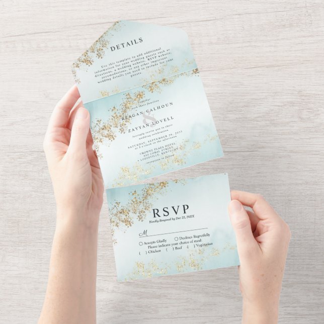 Modernt guldfläckigt teal dimma vattenfärg bröllop (Avrivbar del)