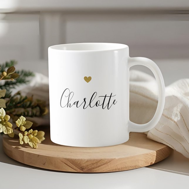 Modernt Guldhjärt Kalligrafi Namn Kaffemugg (Skapare uppladdad)