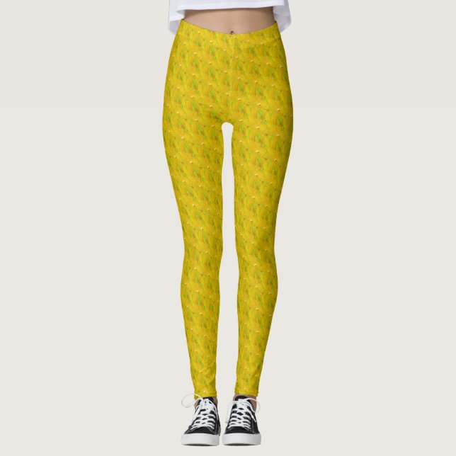 Modernt guldpalmsgult blommönster leggings (Framsida)